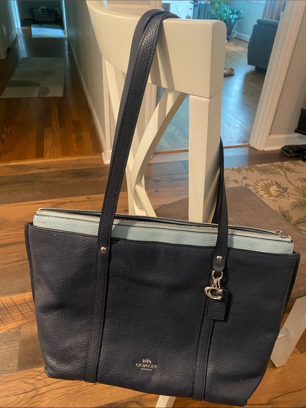 Coach Navy Leather Tote with Light Blue Trim